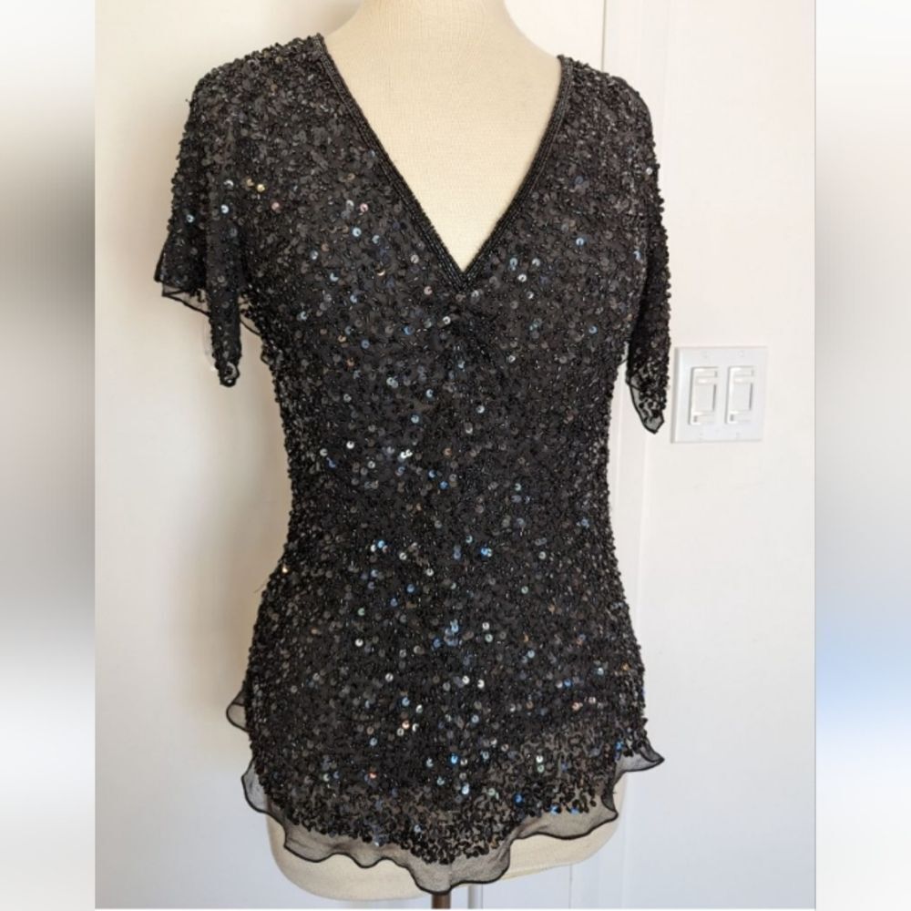 VINTAGE Adrianna Papell Size XL Top   Elegant Black Sequin Womens Blouse Dressy